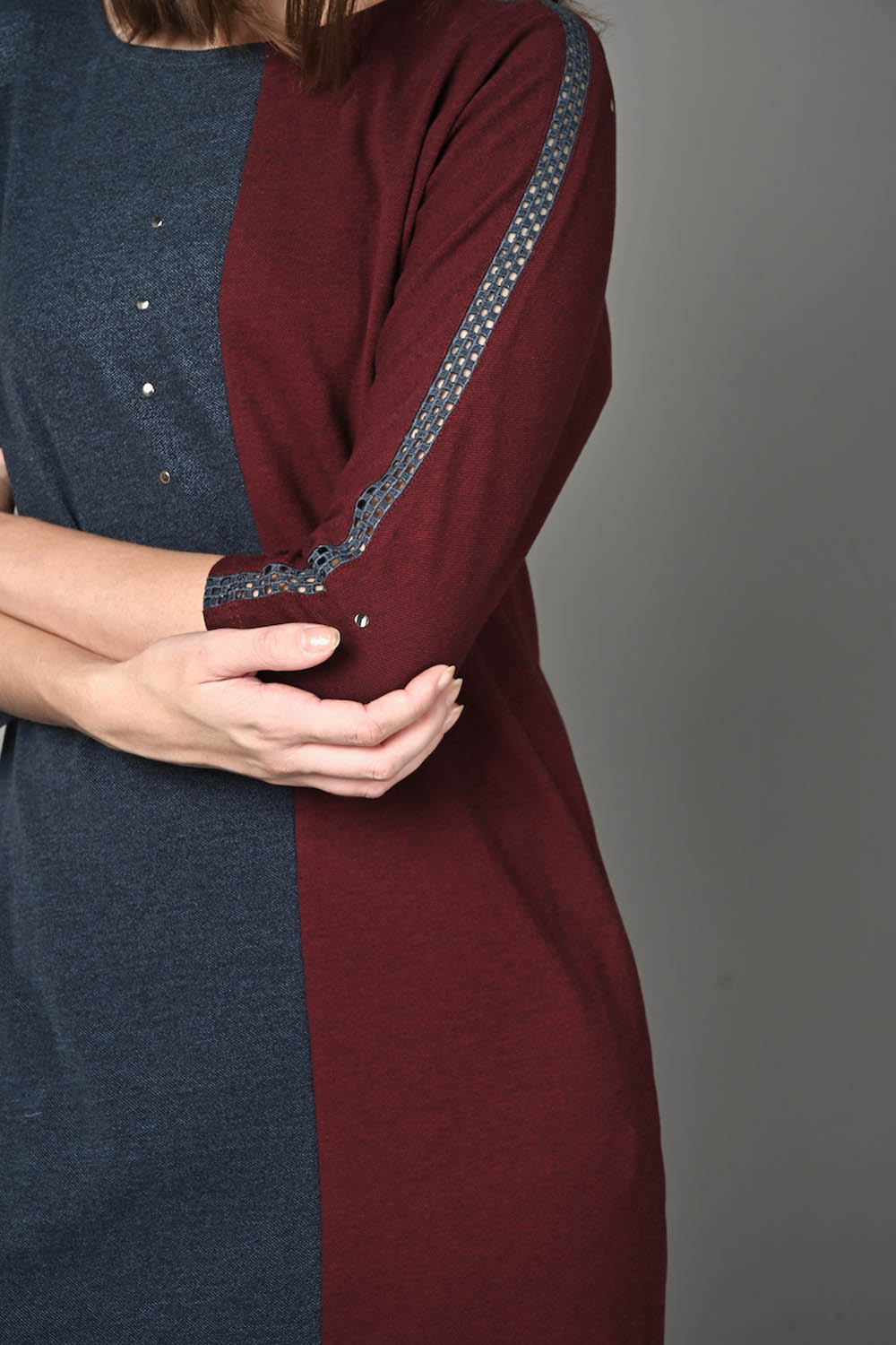 Wine and Blue Stretch Dress with Side Pockets