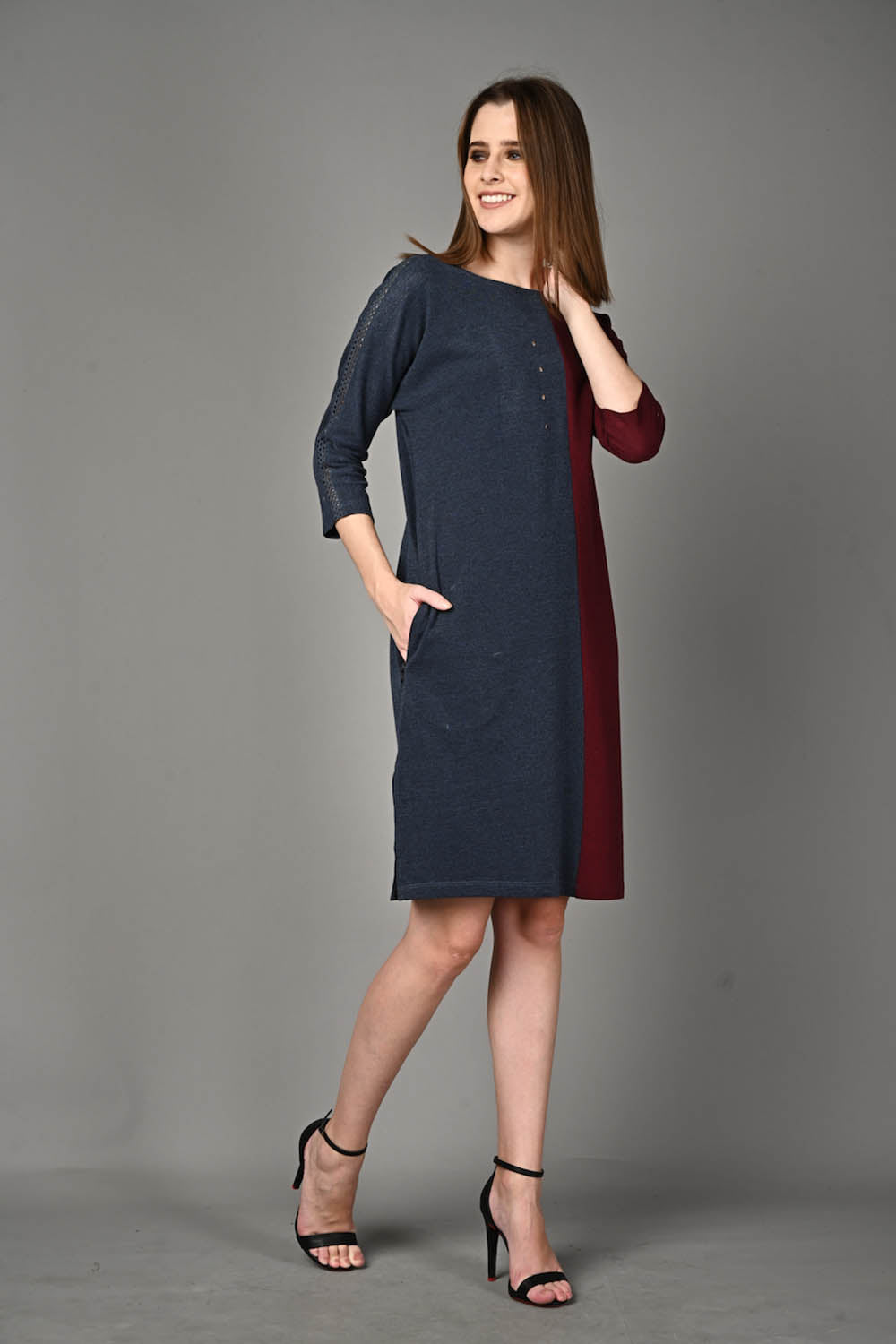 Wine and Blue Stretch Dress with Side Pockets