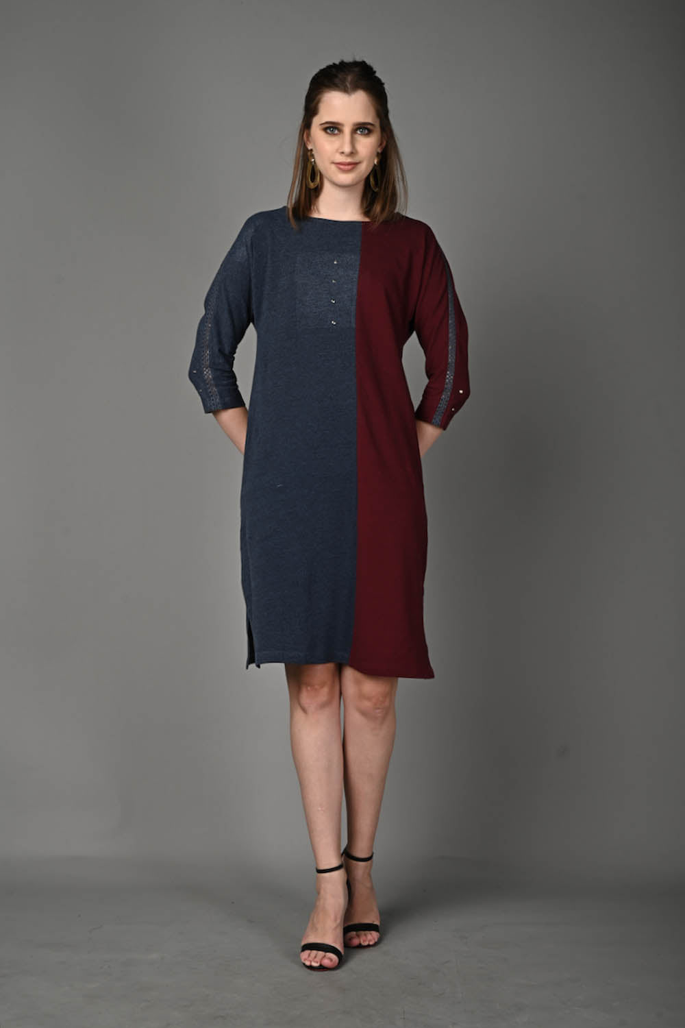 Wine and Blue Stretch Dress with Side Pockets