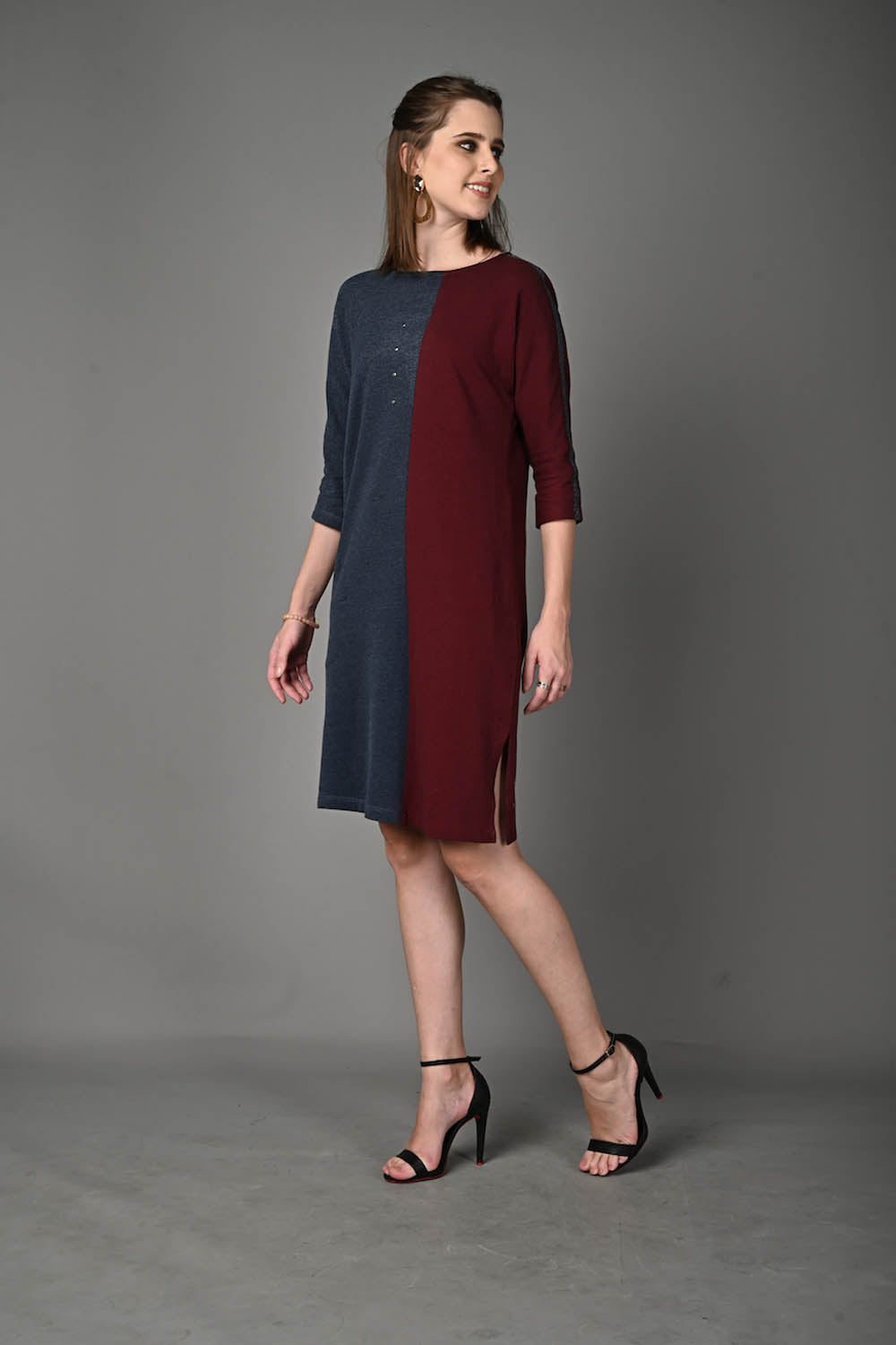 Wine and Blue Stretch Dress with Side Pockets