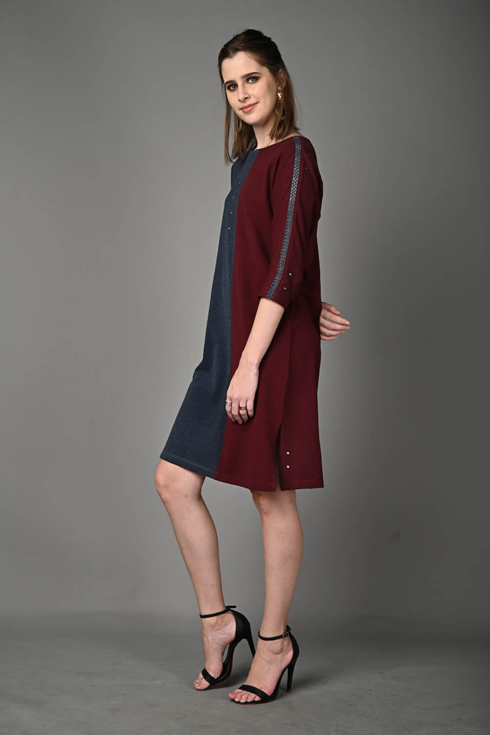 Wine and Blue Stretch Dress with Side Pockets