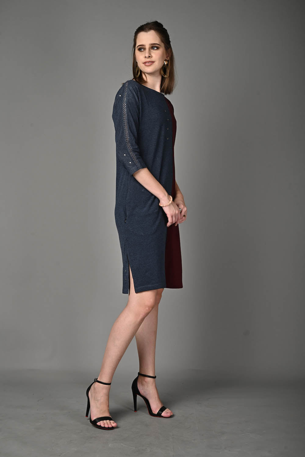 Wine and Blue Stretch Dress with Side Pockets