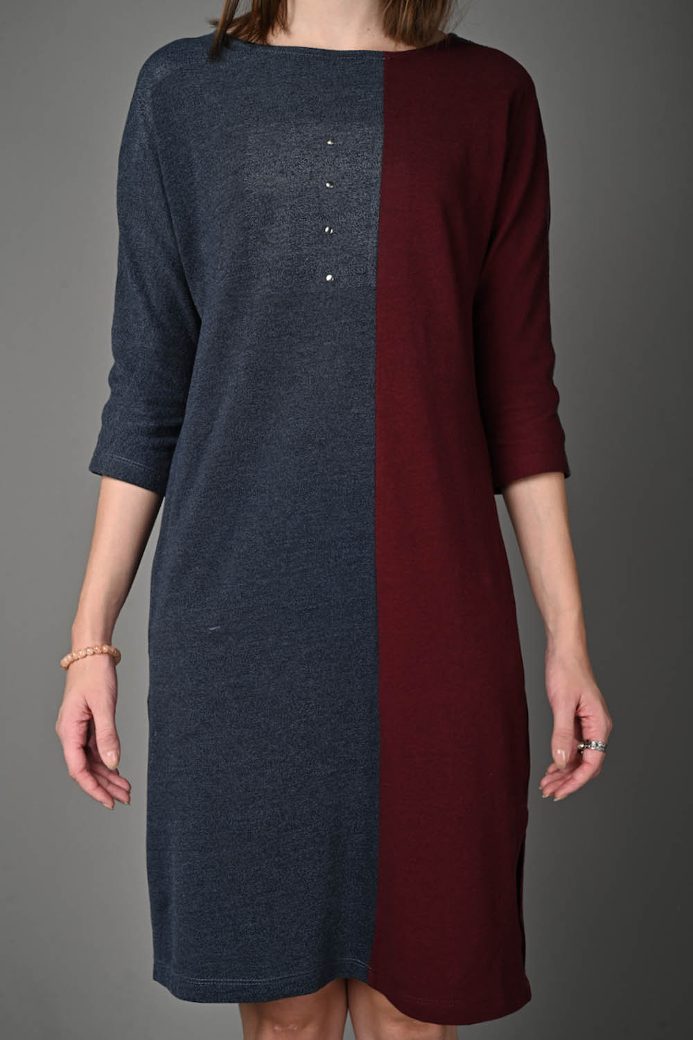 Wine and Blue Stretch Dress with Side Pockets
