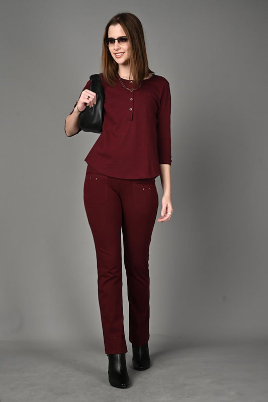 Wine Cotton Stretch Flair Pants with Pockets
