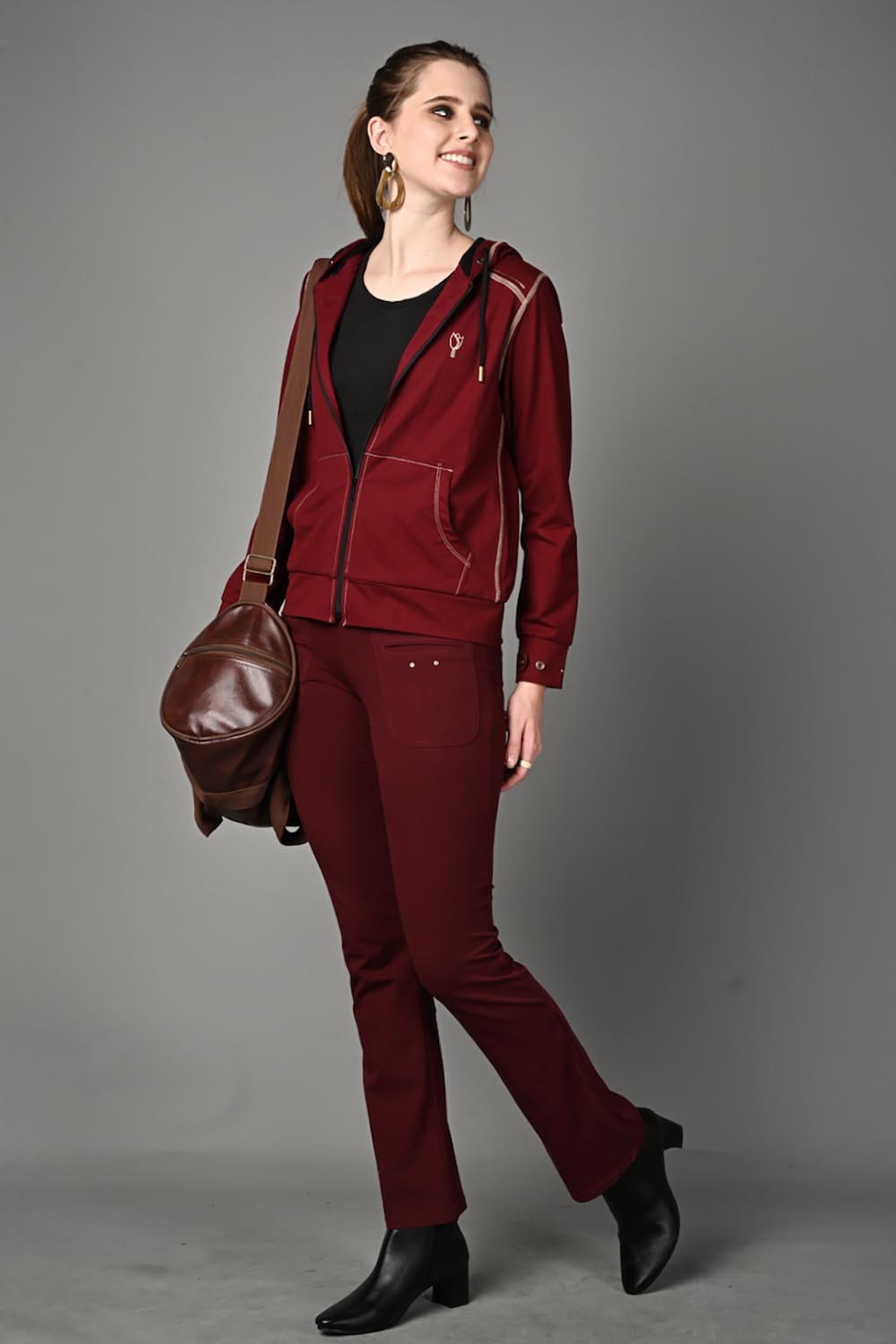 Wine Cotton Stretch Flair Pants with Pockets
