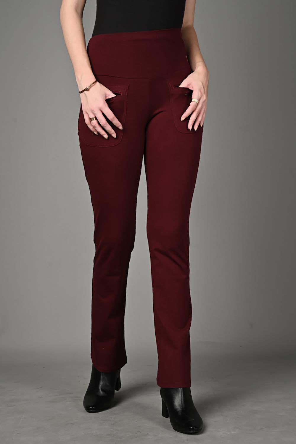 Wine Cotton Stretch Flair Pants with Pockets
