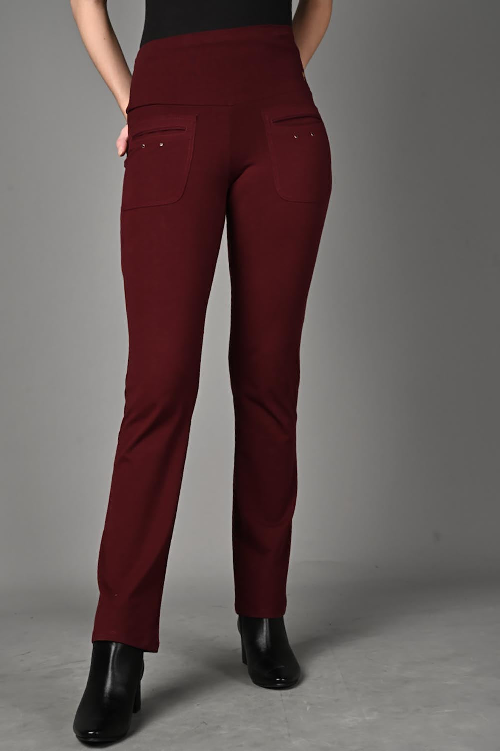 Wine Cotton Stretch Flair Pants with Pockets