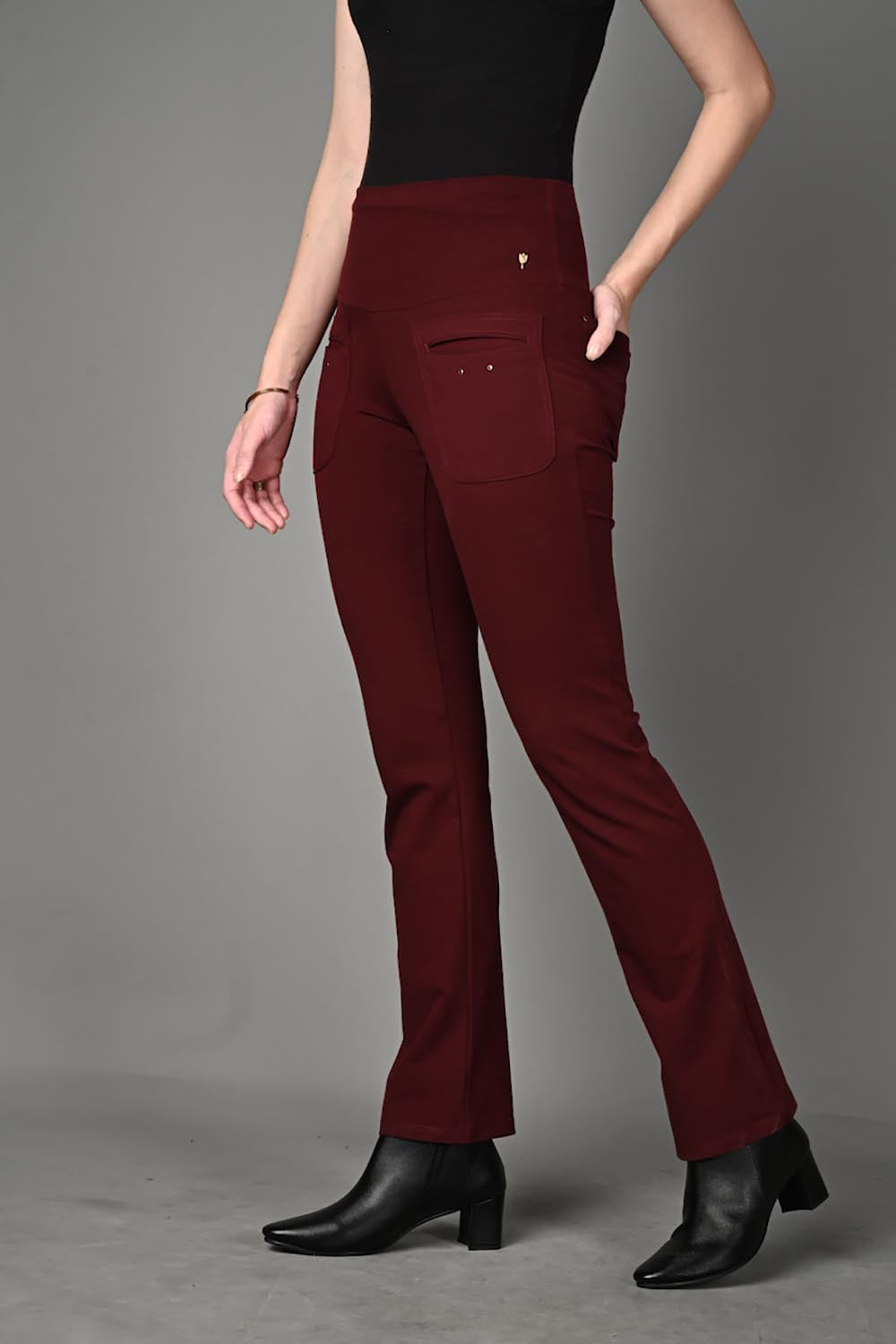 Wine Cotton Stretch Flair Pants with Pockets