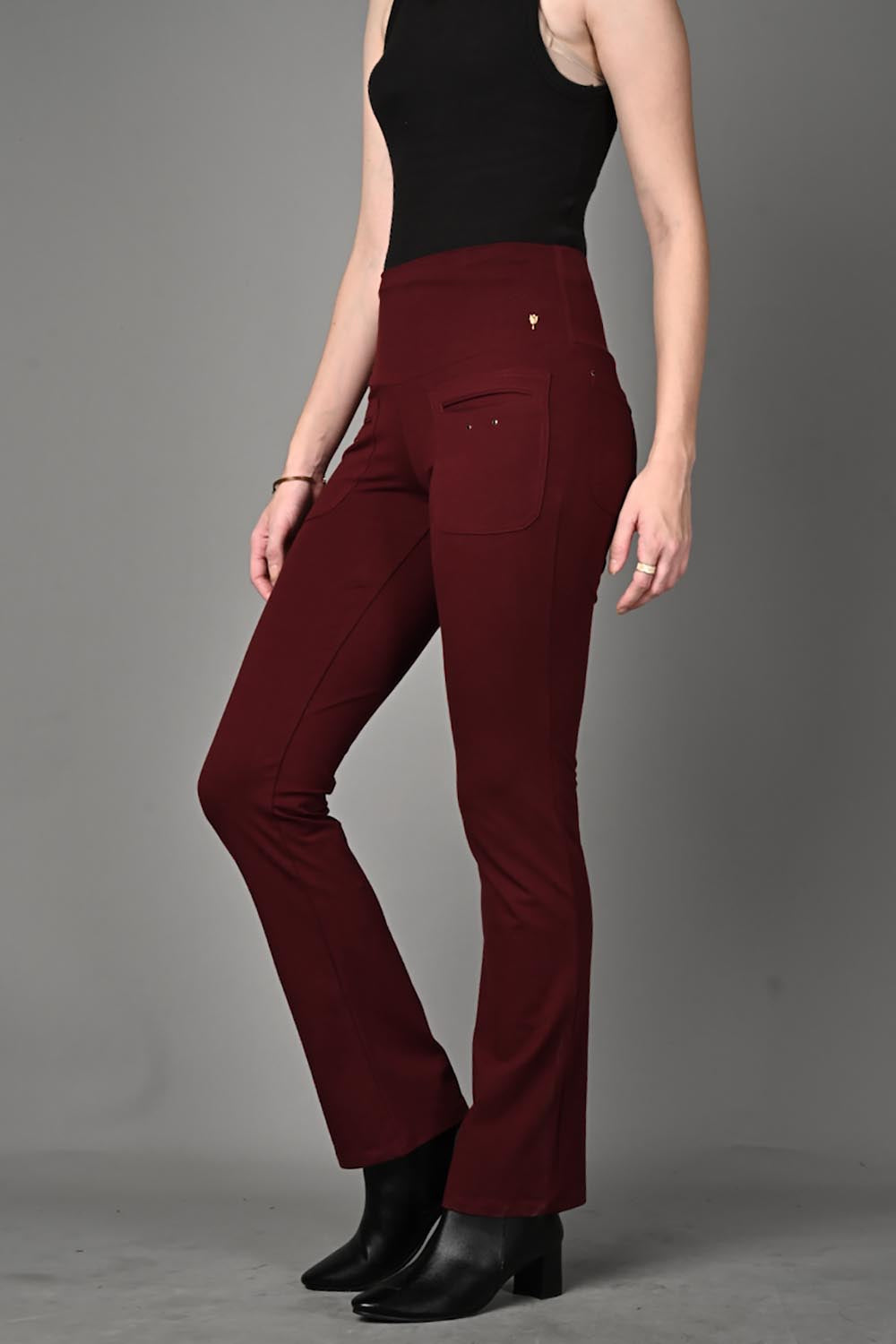 Wine Cotton Stretch Flair Pants with Pockets