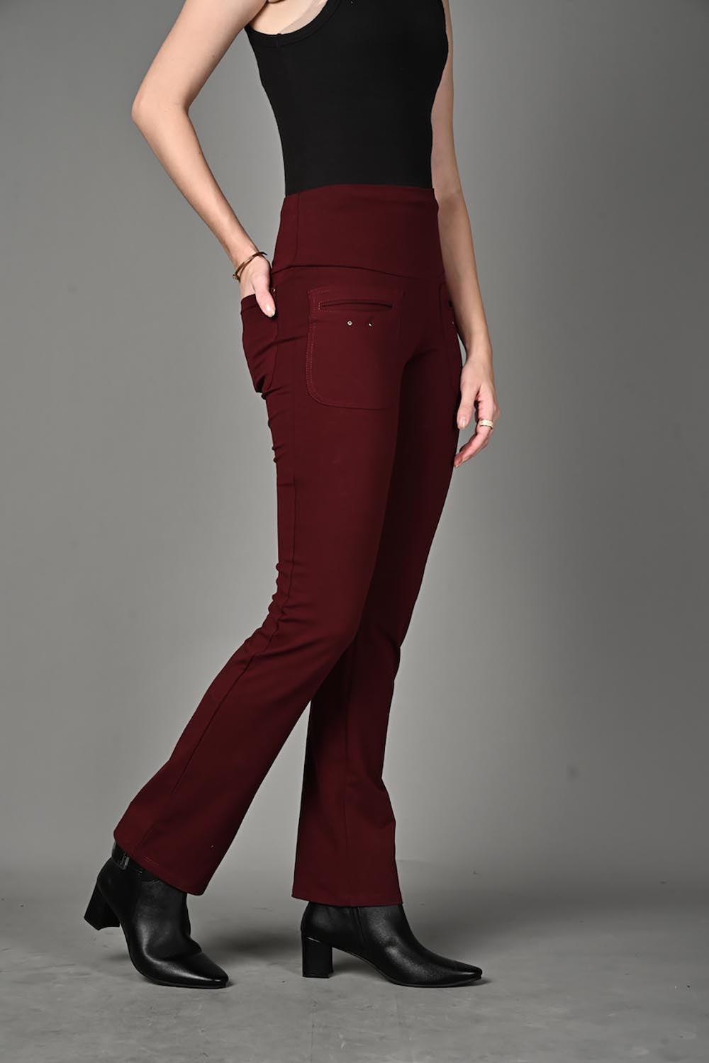 Wine Cotton Stretch Flair Pants with Pockets