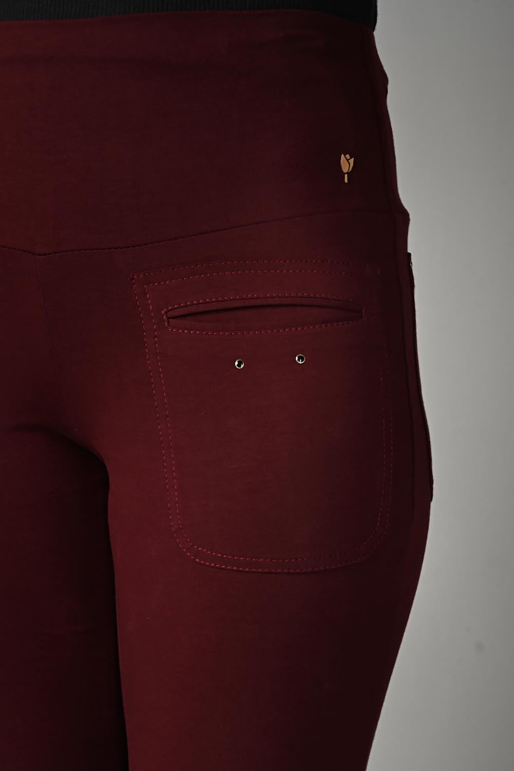 Wine Cotton Stretch Flair Pants with Pockets