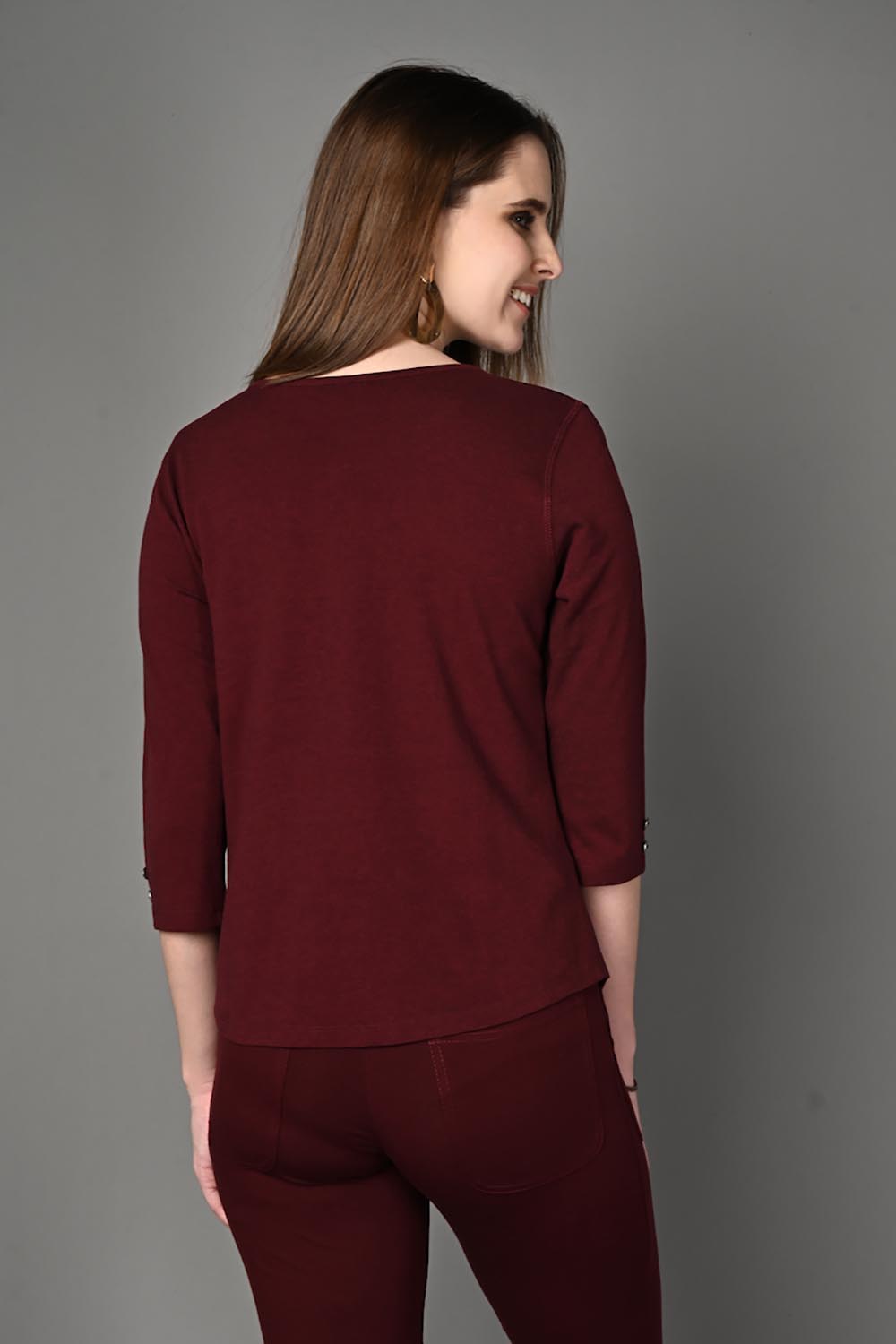 Wine Stretch Round Neck Top