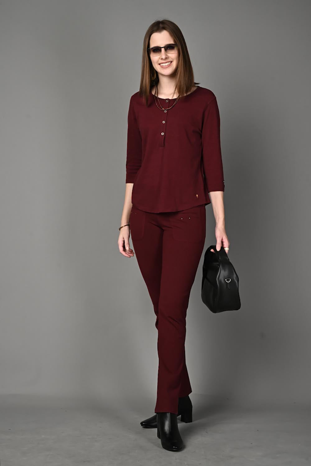 Wine Stretch Round Neck Top