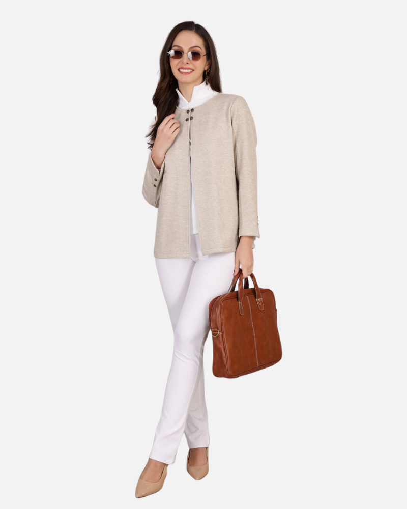 Beige Stretch Velvet Round Collar Open Jacket