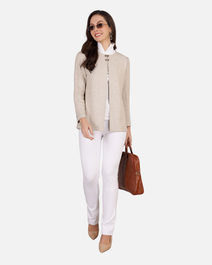 Beige Stretch Velvet Round Collar Open Jacket