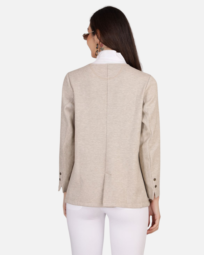 Beige Stretch Velvet Round Collar Open Jacket