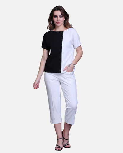 Black & White Cotton Stretch Dolman Sleeve Top