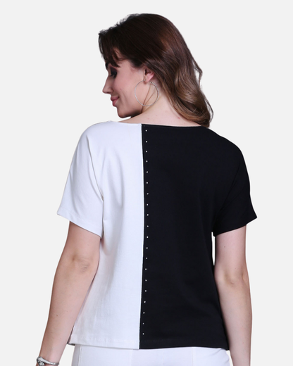 Black & White Cotton Stretch Dolman Sleeve Top