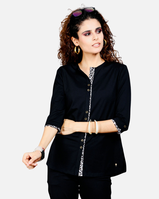 Black Long Top with Animal Print Highlights