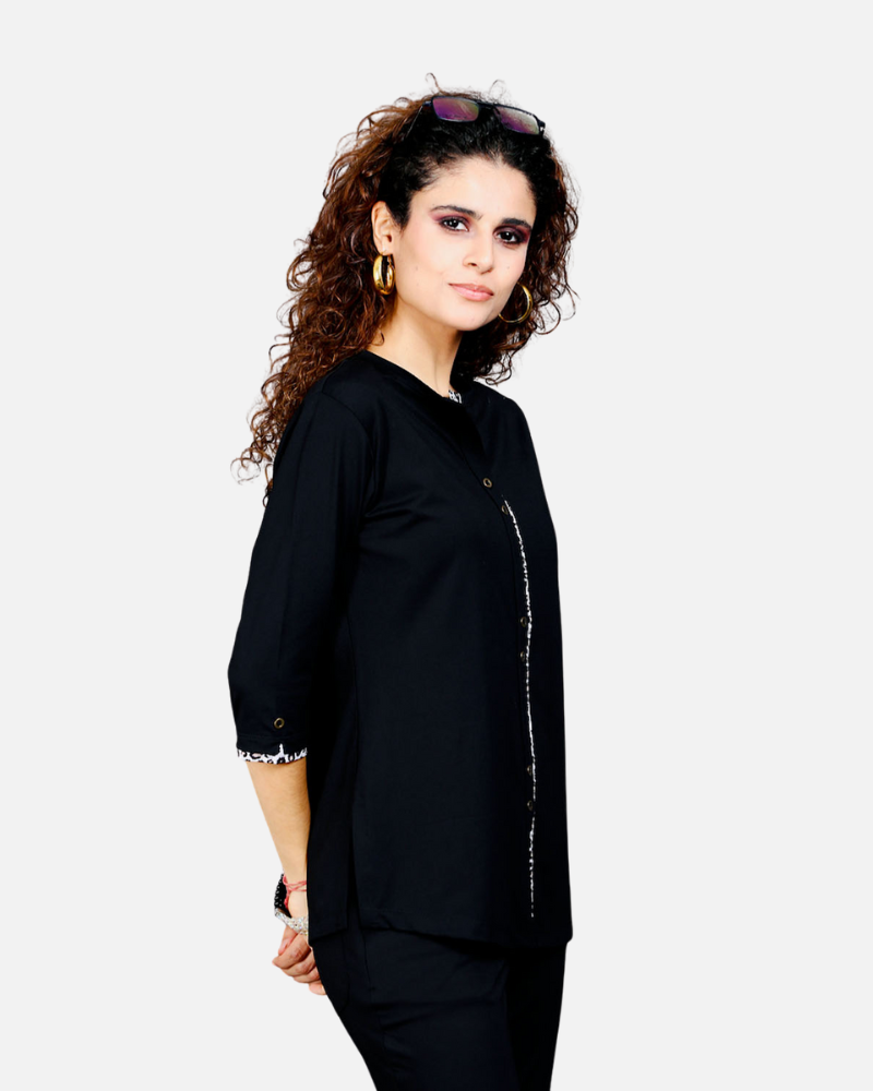 Black Long Top with Animal Print Highlights