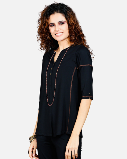 Black Long V Neck Top with Brown Threadwork