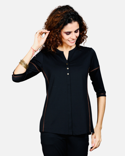 Black Long V Neck Top with Brown Threadwork