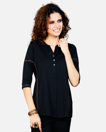 Black Long V Neck Top with Brown Threadwork