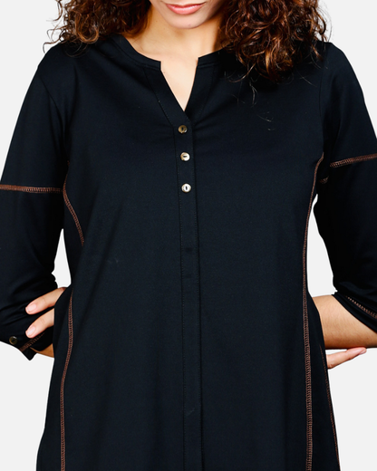 Black Long V Neck Top with Brown Threadwork