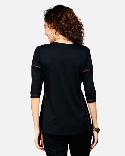 Black Long V Neck Top with Brown Threadwork