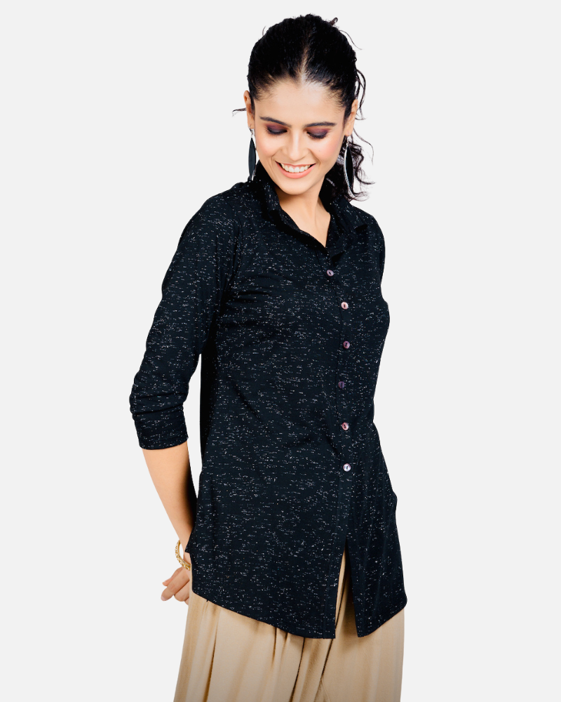 Black Sheen Stretch Long Shirt