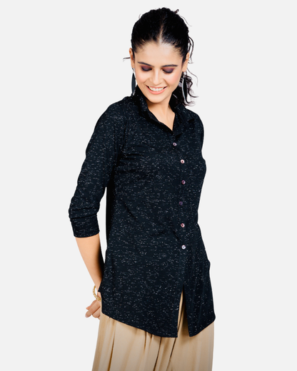 Black Sheen Stretch Long Shirt