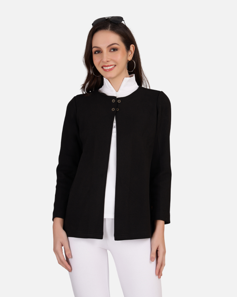 Black Stretch Velvet Round Collar Open Jacket