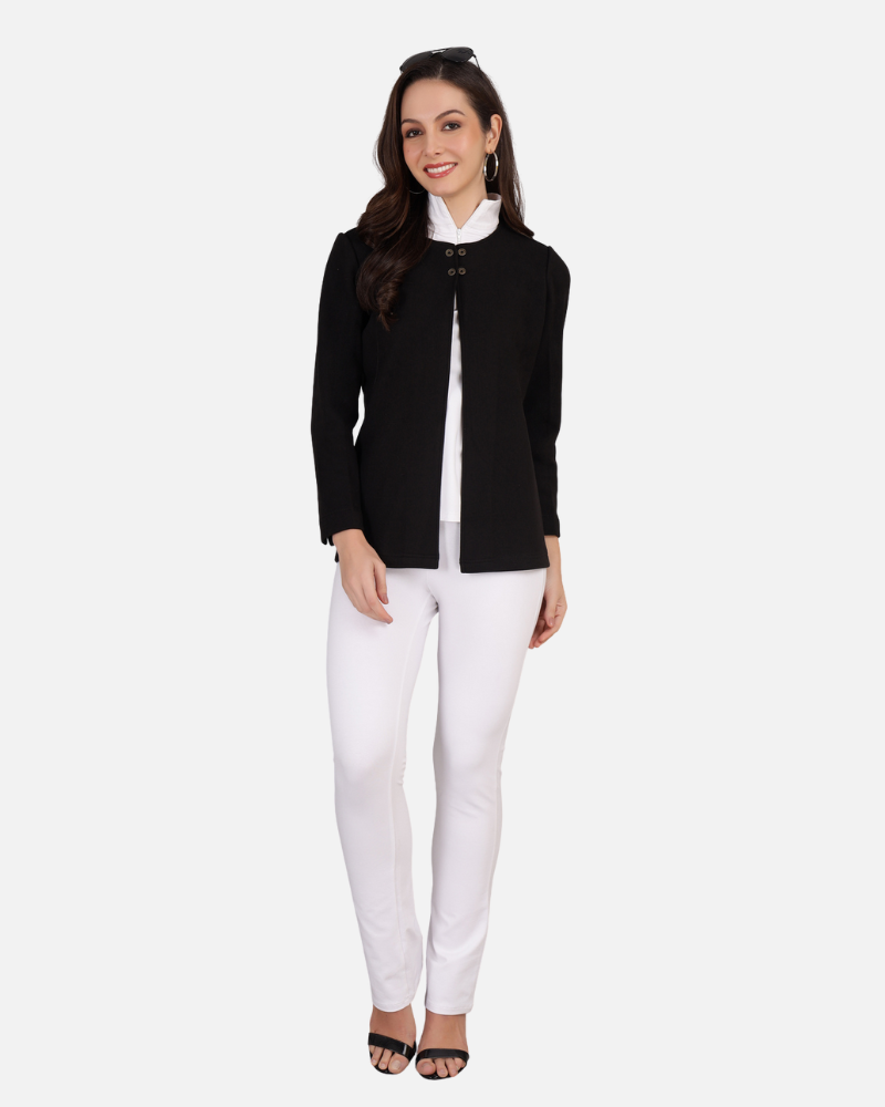 Black Stretch Velvet Round Collar Open Jacket