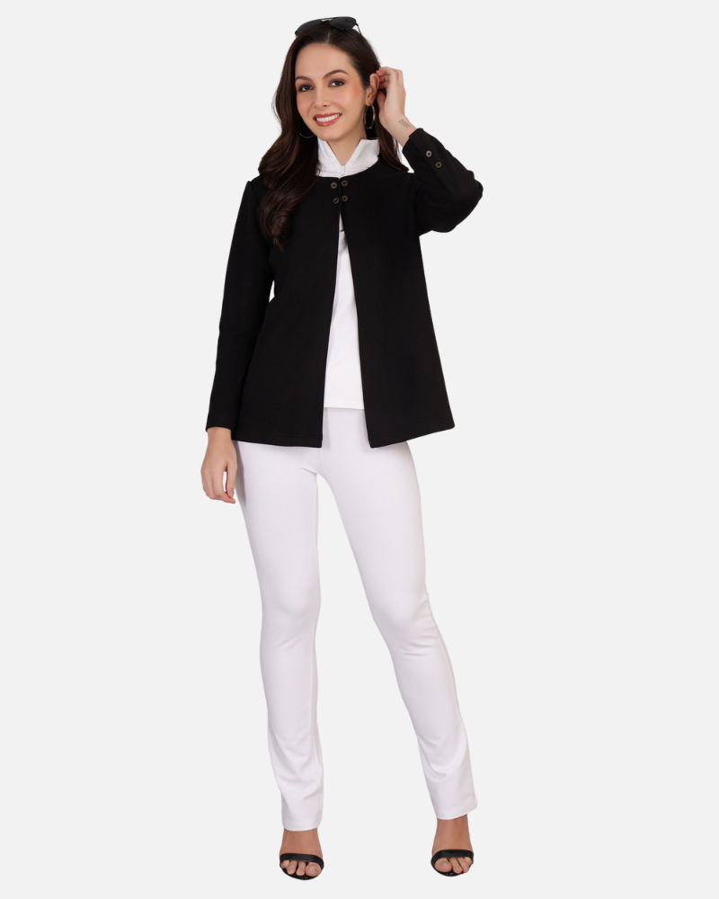 Black Stretch Velvet Round Collar Open Jacket