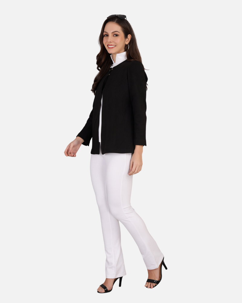 Black Stretch Velvet Round Collar Open Jacket