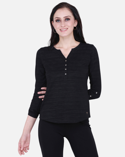 Black Texture V Neck Stretch Top