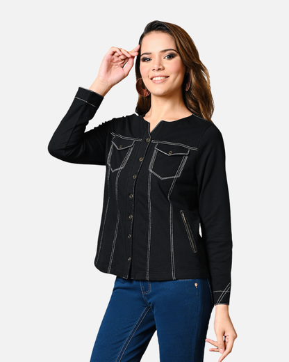 Black V Neck Cotton Stretch Jacket