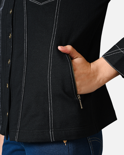 Black V Neck Cotton Stretch Jacket