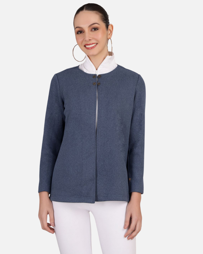 Blue Stretch Velvet Round Collar Open Jacket