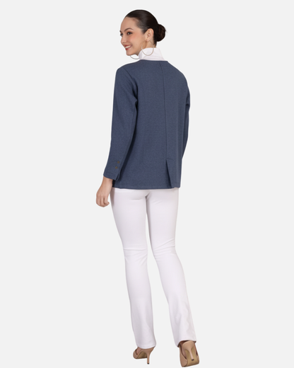 Blue Stretch Velvet Round Collar Open Jacket