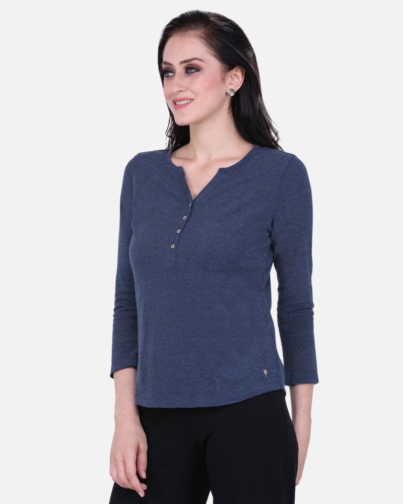 Blue Weave V Neck Stretch Top