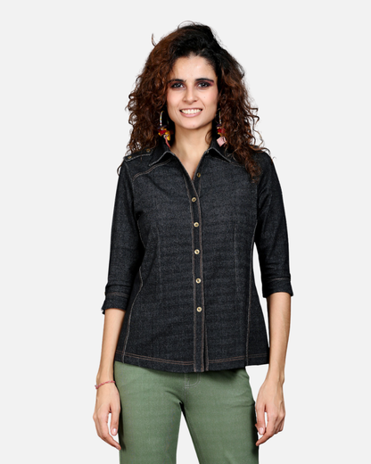 Charcoal Black Denim-Look Stretch Shirt