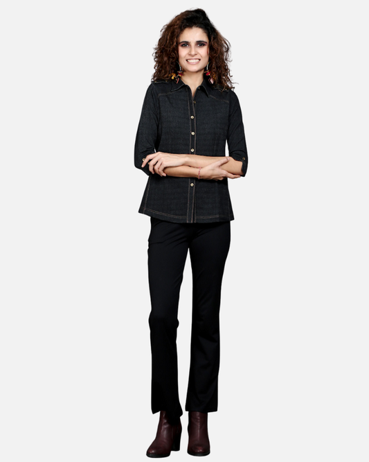 Charcoal Black Denim-Look Stretch Shirt