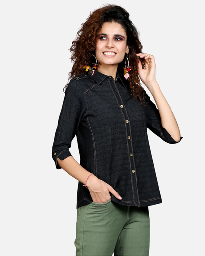 Charcoal Black Denim-Look Stretch Shirt