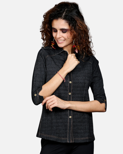 Charcoal Black Denim-Look Stretch Shirt