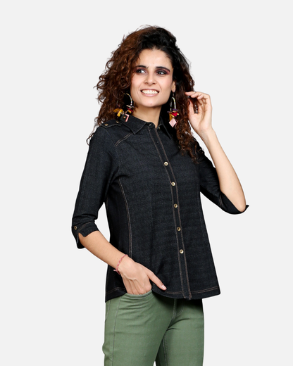 Charcoal Black Denim-Look Stretch Shirt