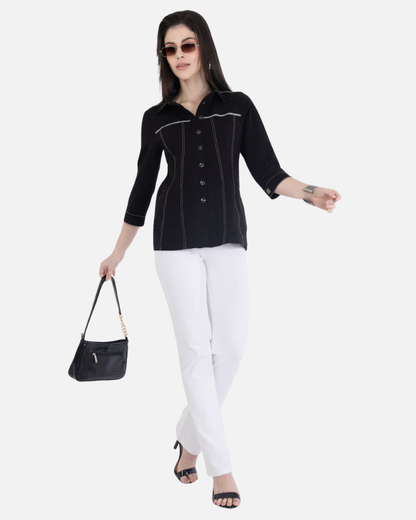 Classic Black Cotton Stretch Shirt Jacket