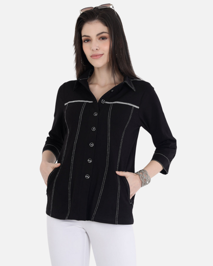 Classic Black Cotton Stretch Shirt Jacket
