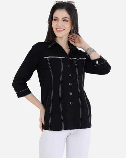 Classic Black Cotton Stretch Shirt Jacket