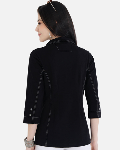 Classic Black Cotton Stretch Shirt Jacket